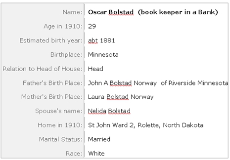 1910 US Census documenting Occupants of Bolstad Household in St. John ND 2